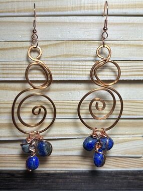 3/$25 Copper Spiral Earrings with Blue Lapis Luzuli Stone Dangles